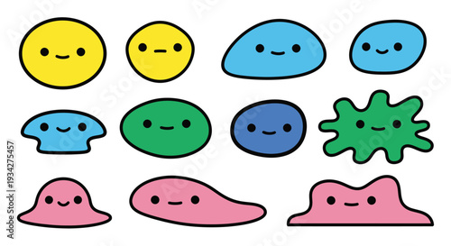 A collection of cute, colorful, cartoon-style blob characters with happy faces, depicted in various abstract shapes and sizes.