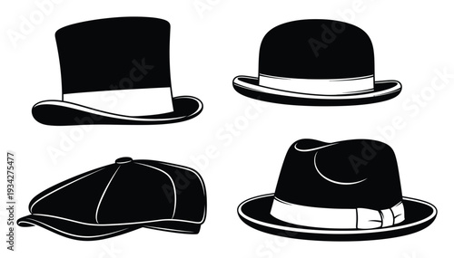 Collection of four classic black and white hats, including hat, bowler, fedora, and flat cap