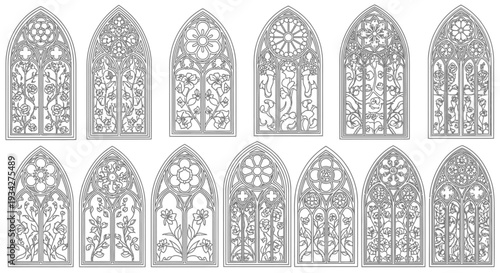 A collection of fourteen intricate Gothic arched window designs featuring detailed floral, geometric, and scrollwork patterns in black and white line art.