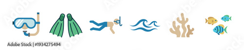 Snorkeling and diving icons, including mask, fins, diver, coral, fish, and waves, are presented in a flat design.