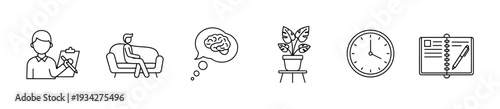 Mental health therapy session icons representing psychological support, counseling, and appointment scheduling for well-being.