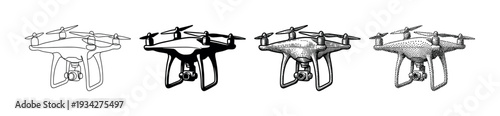 Quadcopter drones with integrated cameras are illustrated in various artistic styles, showcasing different design approaches.