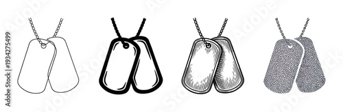 Dog tags military identification chain necklace vector illustration set showcasing diverse artistic styles for graphic design.