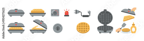 Waffle and sandwich maker kitchen appliances and cooking process icons collection for breakfast preparation.