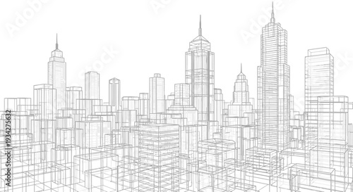 Wireframe architectural drawing of a modern city skyline with numerous skyscrapers and buildings.