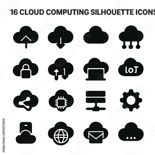 A collection of sixteen black cloud computing silhouette icons displayed in a grid arrangement