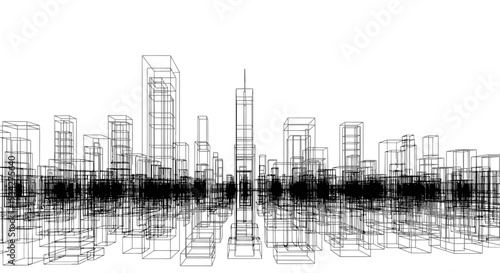 Wireframe cityscape with abstract architectural outlines and reflections on a white background.