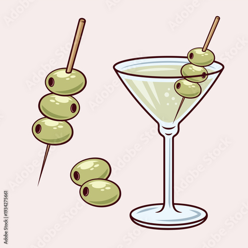 Vermouth glass with green pitted olives on a wooden cocktail stick minimalistic color illustration. Elegant modern design, perfect for bar menus, cocktail themes, restaurant branding
