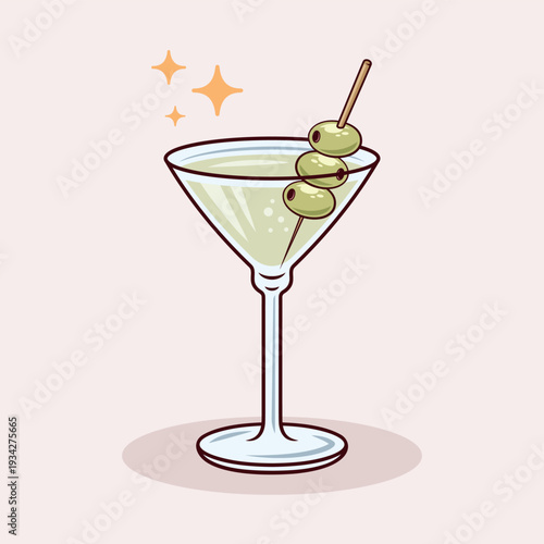 Vermouth glass with green pitted olives on a wooden cocktail stick minimalistic color illustration. Elegant modern design, perfect for bar menus, cocktail themes, restaurant branding