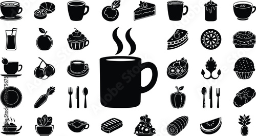 Minimalist vector icon simple set close up coffee mug central surrounded by assorted bakery fruits utensils flat design black silhouette on white background top view collection