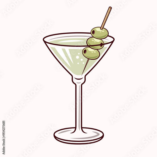 Minimalistic color illustration of a classic vermouth glass with green pitted olives on a wooden cocktail stick. Elegant modern design, perfect for bar menus, cocktail themes, restaurant branding
