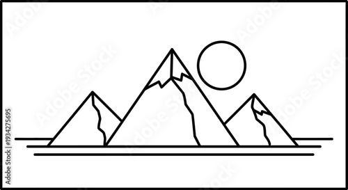 A minimalist line art drawing depicting three geometric mountains with a sun or moon and horizontal lines below.