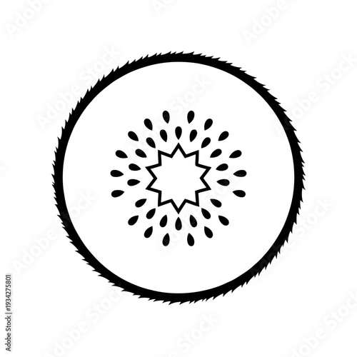 Outline drawing of a kiwi fruit slice icon with seeds and fuzzy skin on white background.
