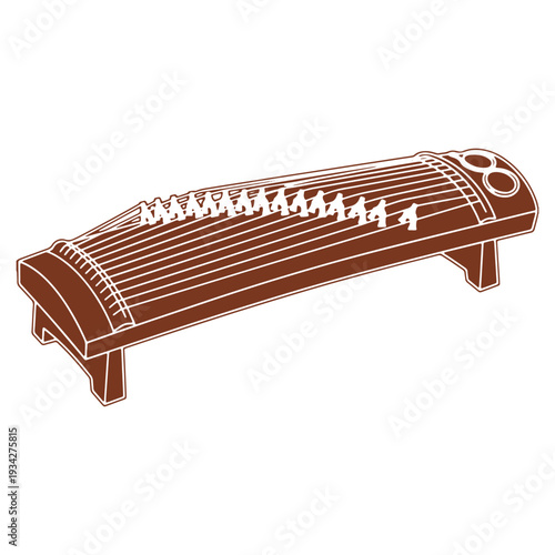 Brown koto musical instrument illustration with white outline creating a minimalist aesthetic for artistic designs or cultural representations