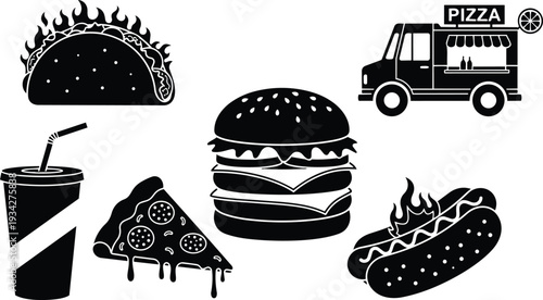 Flat design close up fast food icons showing burger pizza slice taco hot dog soda cup and pizza truck with flame accents and dripping cheese details