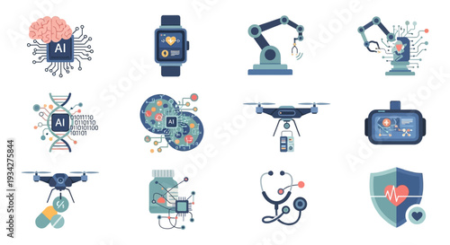 Artificial Intelligence in Healthcare Icons Set: MedTech, Digital Health, Robotics, Genomics, Wearable Tech, and Future Medicine Technology Vector Symbols.