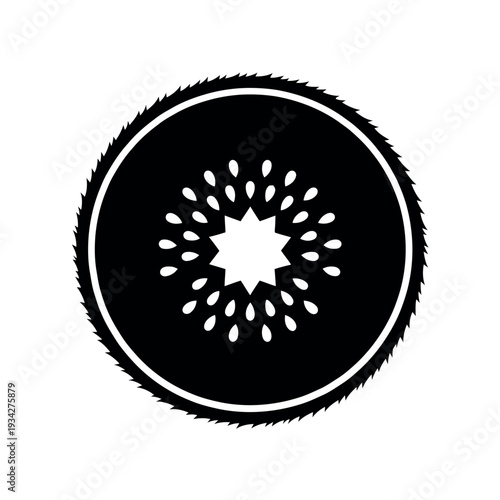 Monochrome kiwi fruit slice icon with seeds and fuzzy skin in black and white.
