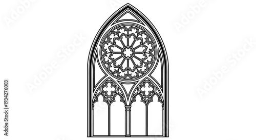 Black and white illustration of an ornate gothic arched window with intricate tracery and a detailed rose window design.