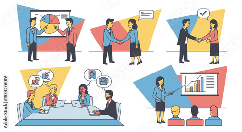 Collection of business illustrations depicting meetings, presentations, negotiations, and successful agreements among professionals in various corporate settings.