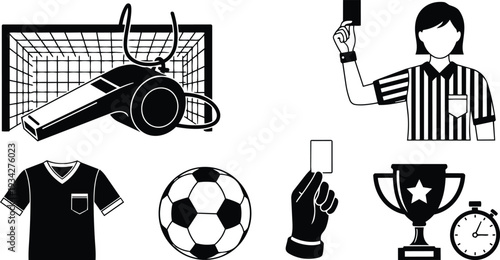 Minimalist flat vector soccer icons set including whistle goal net referee showing card jersey soccer ball trophy stopwatch black and white mockup hand close up front view