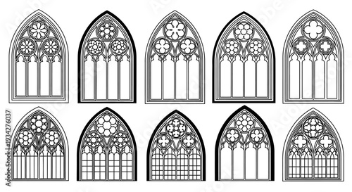 Collection of ten intricate gothic arched windows with detailed tracery and rose window designs, presented as line art.