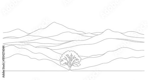 Minimalist continuous line art drawing of a solitary tree standing before a range of rolling mountains and hills, depicting a serene natural landscape.