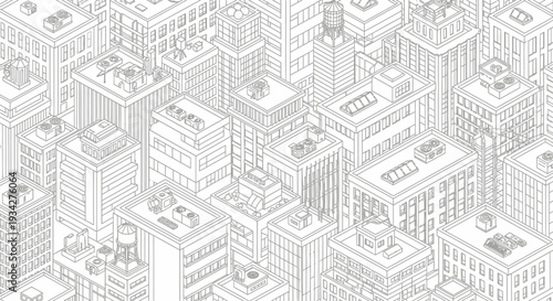 Isometric line art illustration of a dense urban city with numerous buildings and rooftops in a minimalist style.