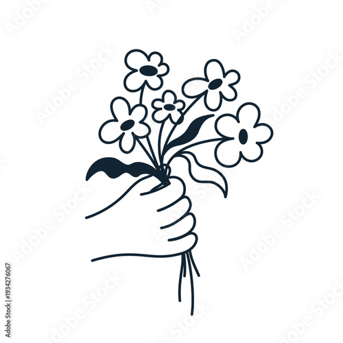 Vector hand drawn gesture, doodle sketchy illustration, sign, hand holding flower, gift and present concept