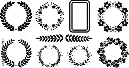 Minimalist icon set of nine laurel and floral wreath frames shown as black vector silhouettes arranged in grid for badges labels and decorative emblems stationery seals