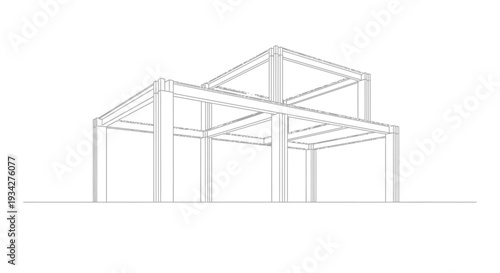 Wireframe drawing of a multi-story building's structural frame, showing columns and beams in an architectural context.