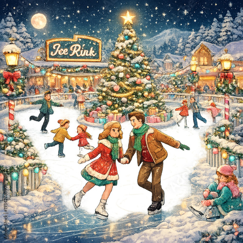 winter wonderland under the starry sky, magical snowy landscape illustration, sparkling star filled night backdrop, snow covered pine forest silhouettes, soft icy blue and midnight navy palette, glowi