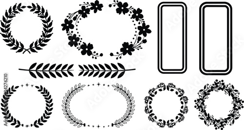 Minimalist vector wreath and frame set top view assortment of laurel floral and berry circular borders with rounded rectangle labels for badges and monograms flat design