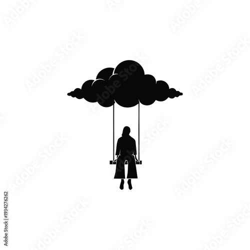 Minimalist Melancholic Silhouette of a Person Swinging on a Cloud isolated on White Background