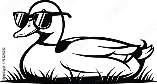 Cool duck wearing sunglasses illustration, funny cartoon waterfowl bird black and white vector graphic isolated on white background