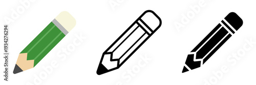 鉛筆アイコンセット 消しゴム付きペンシルのカラー・アウトライン・シルエット3タイプ 学習や文房具デザイン向けベクター素材 / Pencil icon set with eraser color outline and silhouette writing tool vector for education stationery