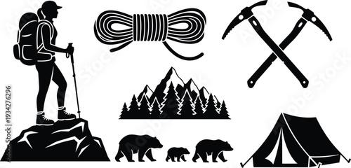 Minimalist vector art hiker standing on rock with backpack and trekking pole overlooking mountain range pine forest rope ice axe tent bear silhouettes style