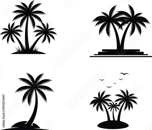 Palm tree silhouettes set, tropical island coconut palms black vector illustration isolated on white background for summer beach design