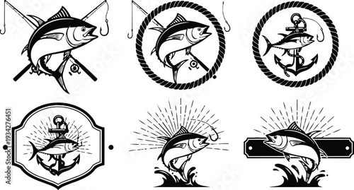 Monochrome vector art tuna fish fishing emblems with hooks anchors rope badge and dynamic splash close up front view line art icons high contrast nautical vintage