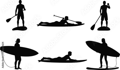 Stand up paddleboarding and surfing silhouettes set, men and women with paddle board and surfboard isolated vector illustration on white background