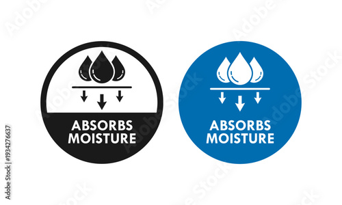 Professional circular vector icon representing water absorption and quick-dry technology. Suitable for hygiene products, textile labels, and breathable material branding.