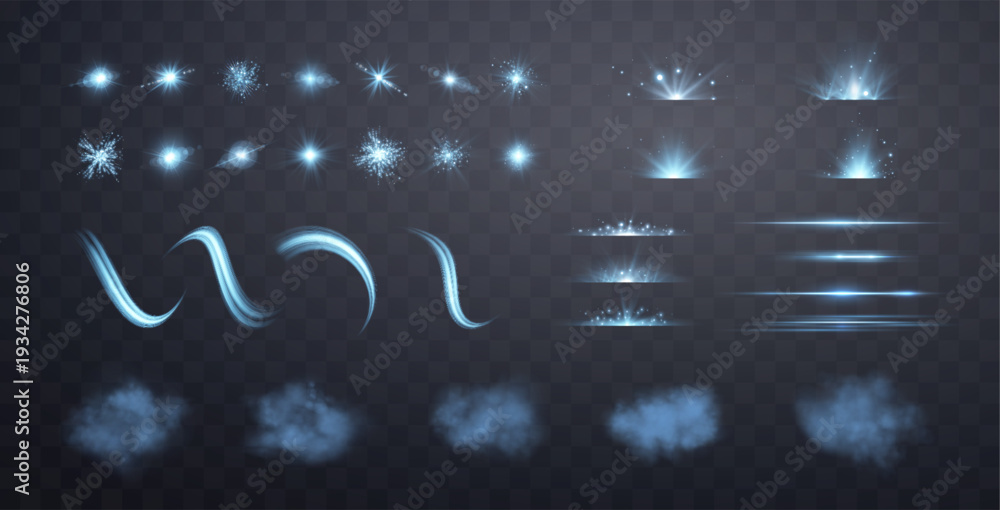 Obraz premium Blue lens flares, lines, flashes and smokes set. Spotlight with rays or and bokeh. Glow flare light effect. Isolated on transparent background. Vector illustration.