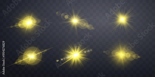 Yellow lens flares set. Isolated on transparent background. Sun flash with rays spotlight and bokeh. Gold glow flare light effect. Vector illustration.