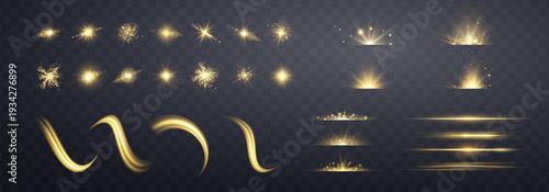 Green lens flares, lines, flashes set. Spotlight with rays or and bokeh. Glow flare light effect. Isolated on transparent background. Vector illustration.