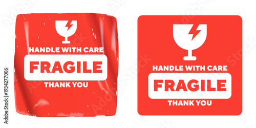 Fragile handle with care red square sticker set. Delivery shipping labels with broken glass icon and thank you text. Fragile Realistic textured and flat vector signs isolated on white background.