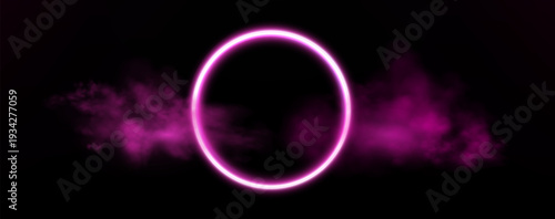 Neon ring with glowing and light effects, futuristic portal gateway, vibrant smoke and LED illumination. abstract vector frame composition.