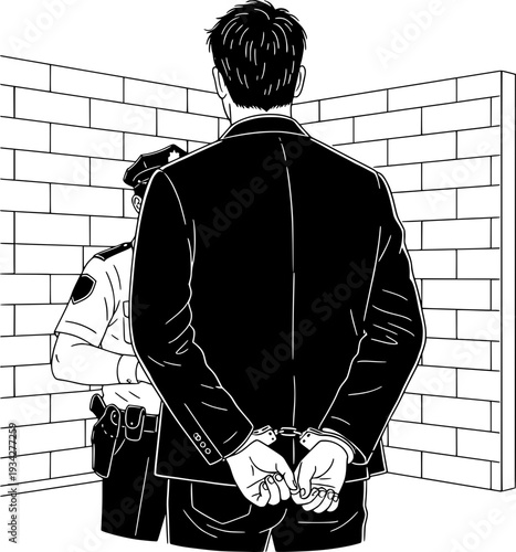 Man in business suit being arrested and handcuffed by a police officer against a brick wall. Black and white vector illustration representing white-collar crime, law enforcement, and justice.