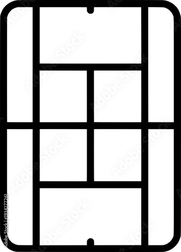 Top view silhouette of a tennis court layout. Minimalist vector illustration of a sports field scheme, perfect for coaching, tactics, and sports design on white background.