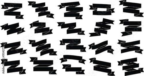 Flat design close up ribbon banner set multiple folded black ribbons various angles isolated on white background vector icons including straight curved and folded styles minimalist