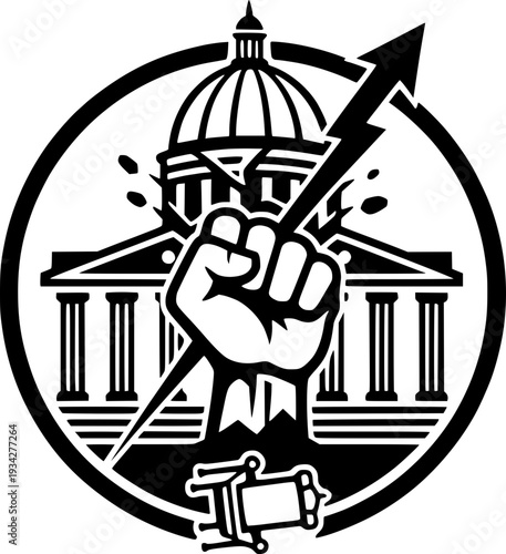 Political protest vector illustration featuring a clenched fist holding a lightning bolt in front of a government capitol building. Concept of revolution, power, and social change.