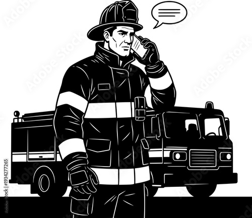 Professional firefighter in uniform using a walkie-talkie with a fire truck in the background. Black and white vector illustration of emergency services, rescue, and first responders.